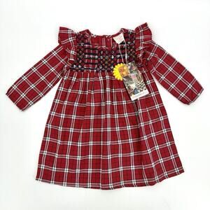 Masalababy Size 18-24 Mos. Red Tartan Plaid Smocked Top Cotton Ruffle Dress NWT